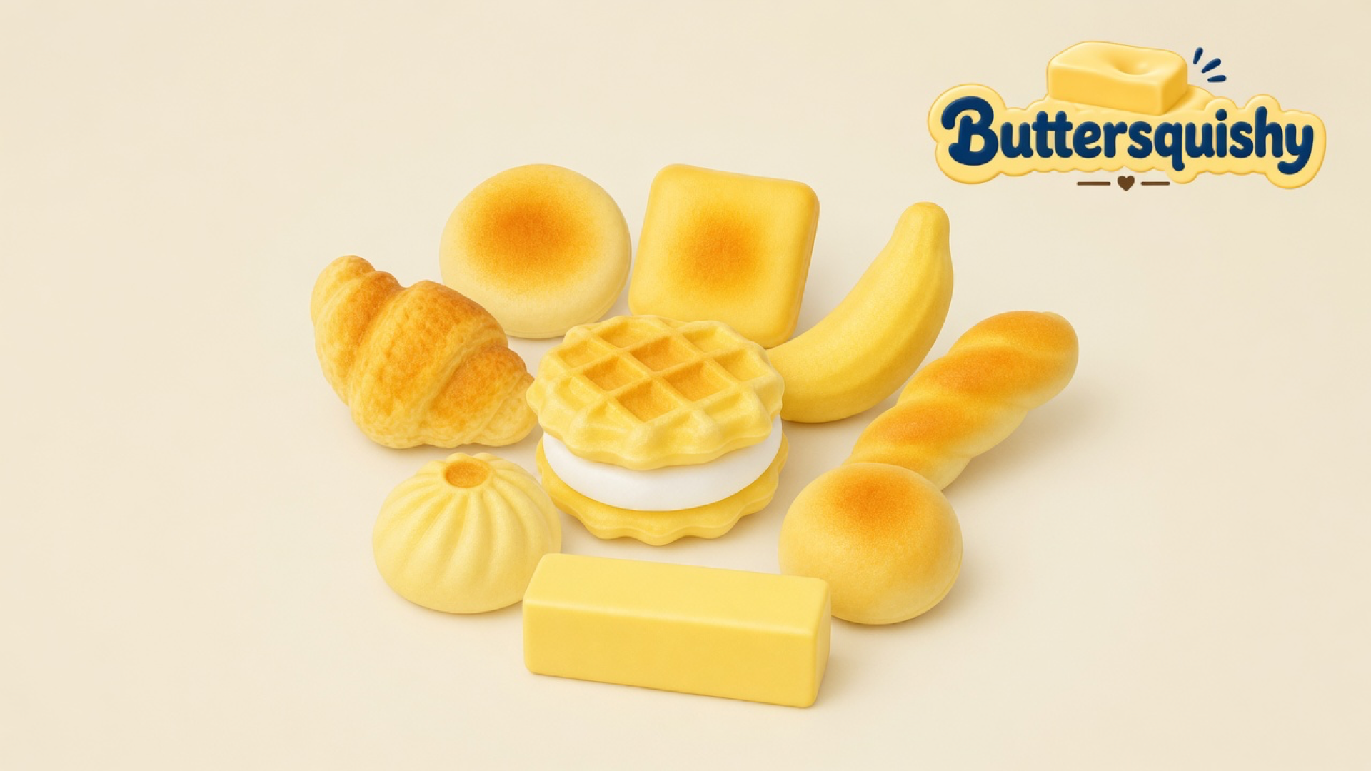 Nine bakery-look Bread Toast Loaf toys — croissant, buns, toast, banana, baguette, steamed bun, waffle sandwich, and butter stick — on a light-yellow cream studio surface, Buttersquishy logo in the upper right