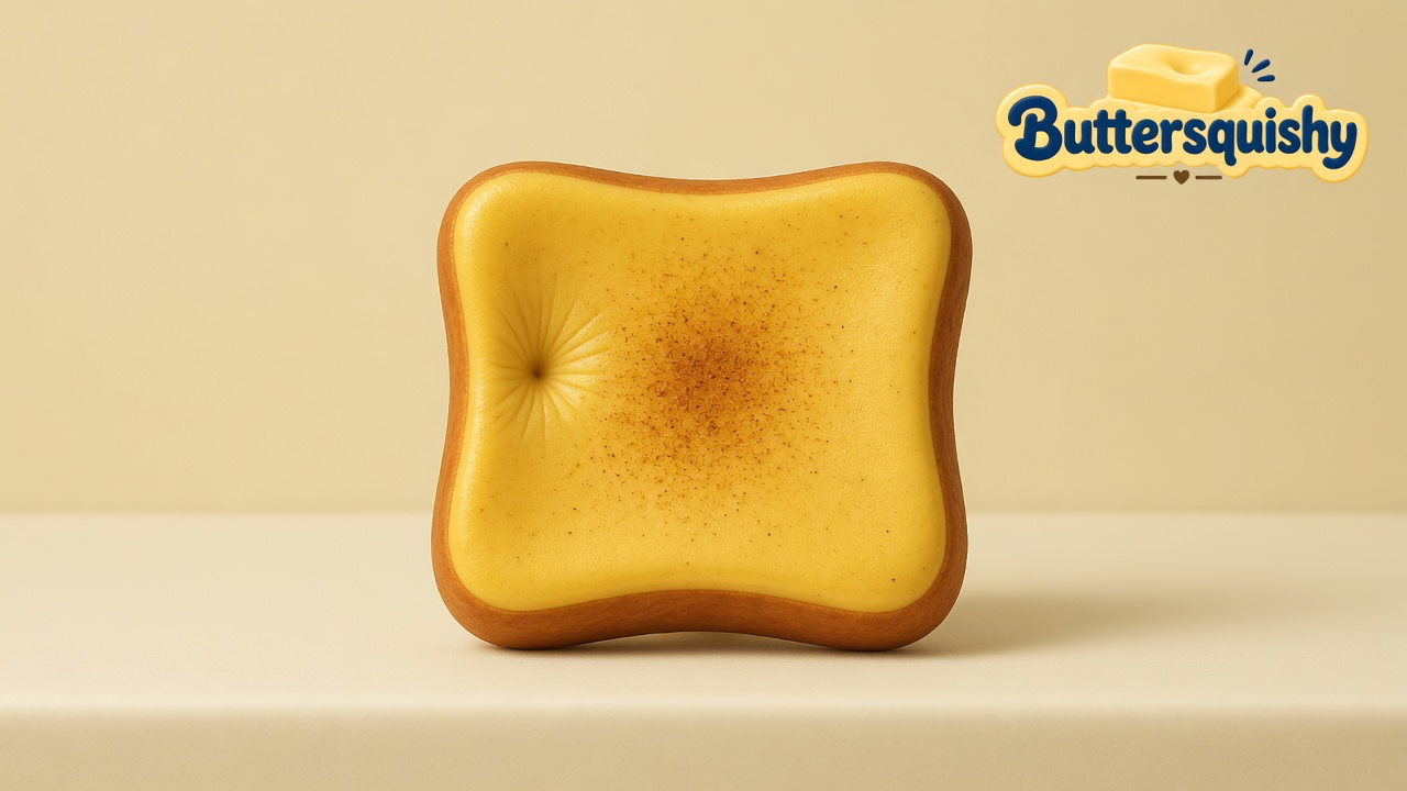 Golden-crust toast-slice squishy with a yellow crumb face, toasted-brown speckle center, and a shallow dent on a light-yellow cream studio surface, Buttersquishy logo in the upper right
