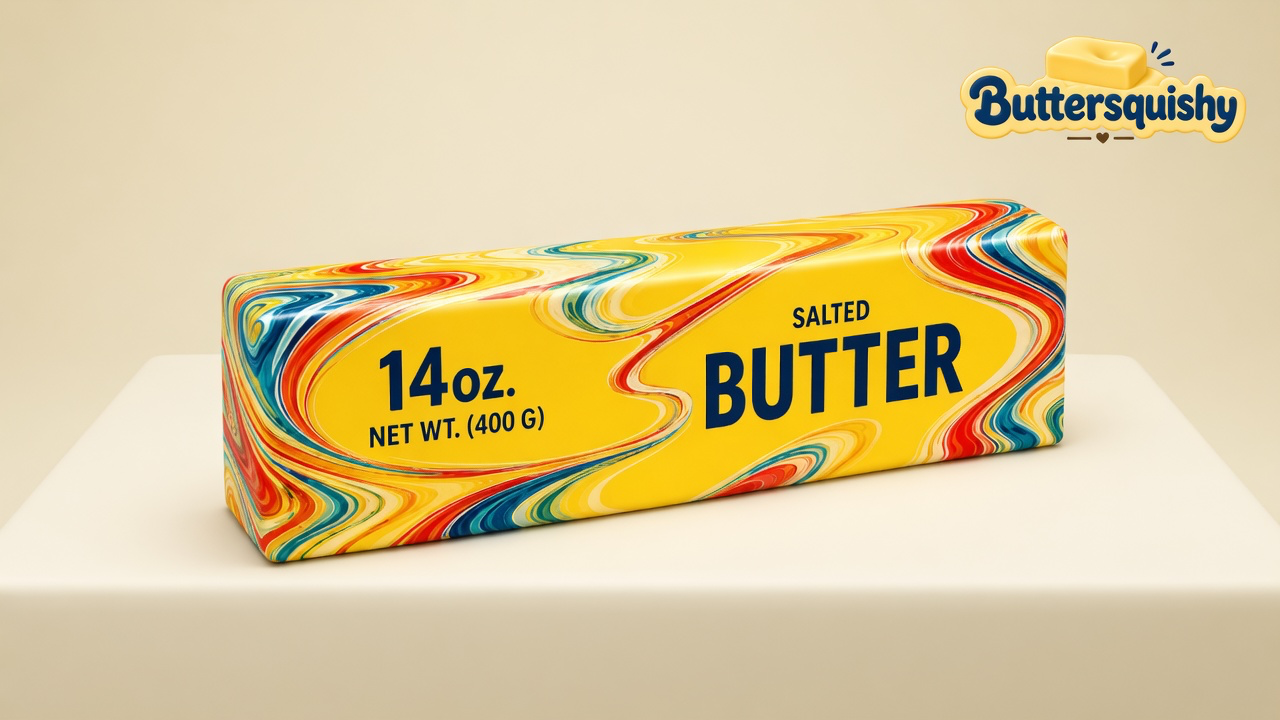 Yellow Jumbo Swirl Loaf 14oz with rainbow marble print, navy SALTED BUTTER type, and 14 OZ. NET WT. (400 G) on a light-yellow cream studio surface, Buttersquishy logo in the upper right