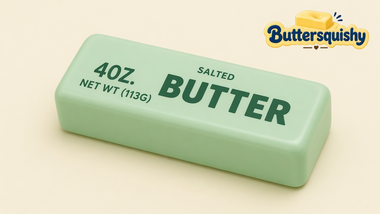 Pale mint-green Mint Butter Stick loaf printed SALTED BUTTER and 4OZ on a light-yellow cream studio surface, Buttersquishy logo in the upper right