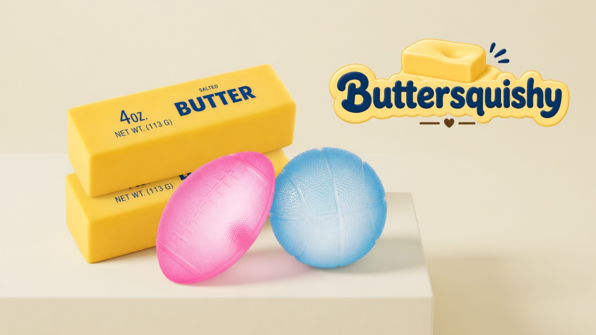 Two yellow SALTED BUTTER loaves stacked beside a pink football and a pale-blue basketball on a light-yellow cream studio platform, Buttersquishy logo in the upper right