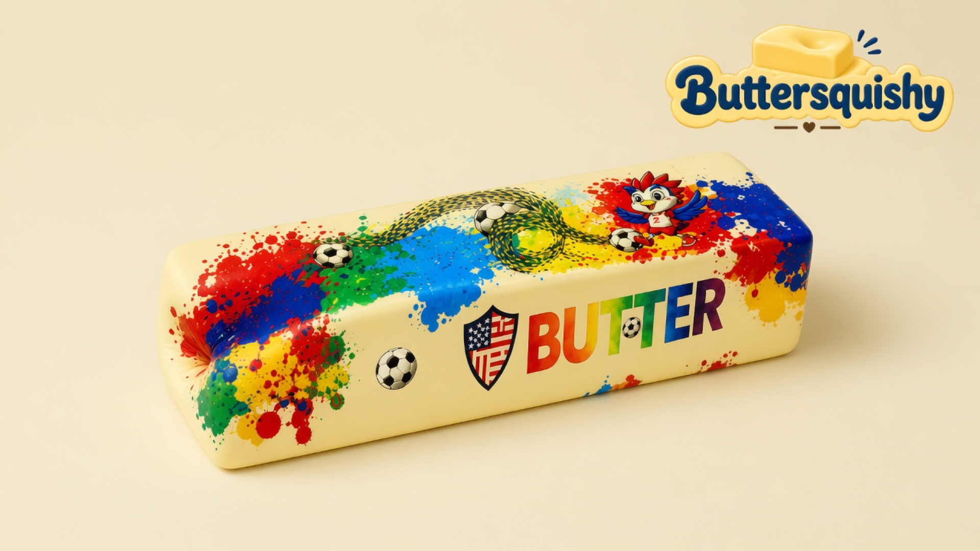 Pale-cream Splash Marble Butter loaf with paint splatters, soccer-ball prints, a rooster mascot, a stars-and-stripes shield, and rainbow BUTTER type on a light-yellow cream studio surface, Buttersquishy logo in the upper right