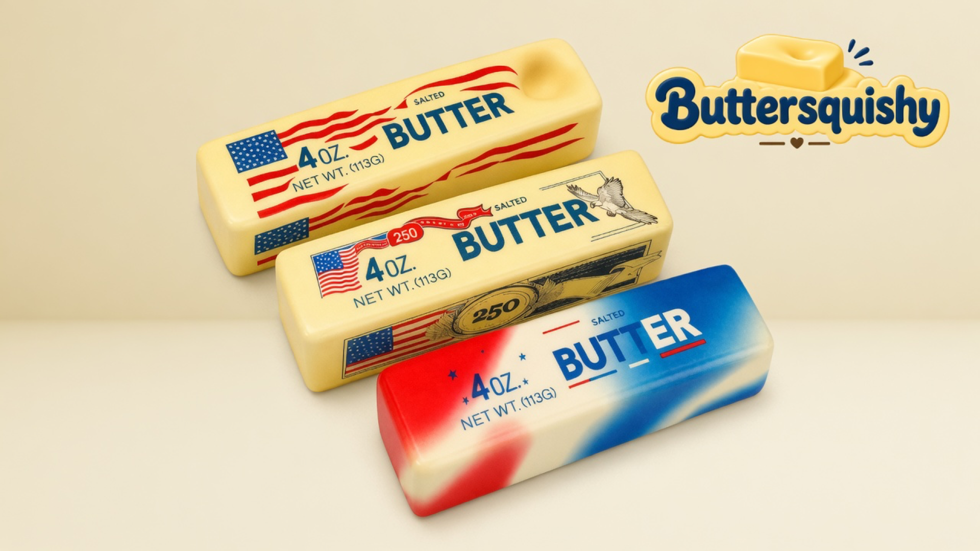 Three Stars and Stripes Butter sticks — wave-flag, eagle-250, and red-cream-blue marble — on a light-yellow cream studio surface, Buttersquishy logo in the upper right