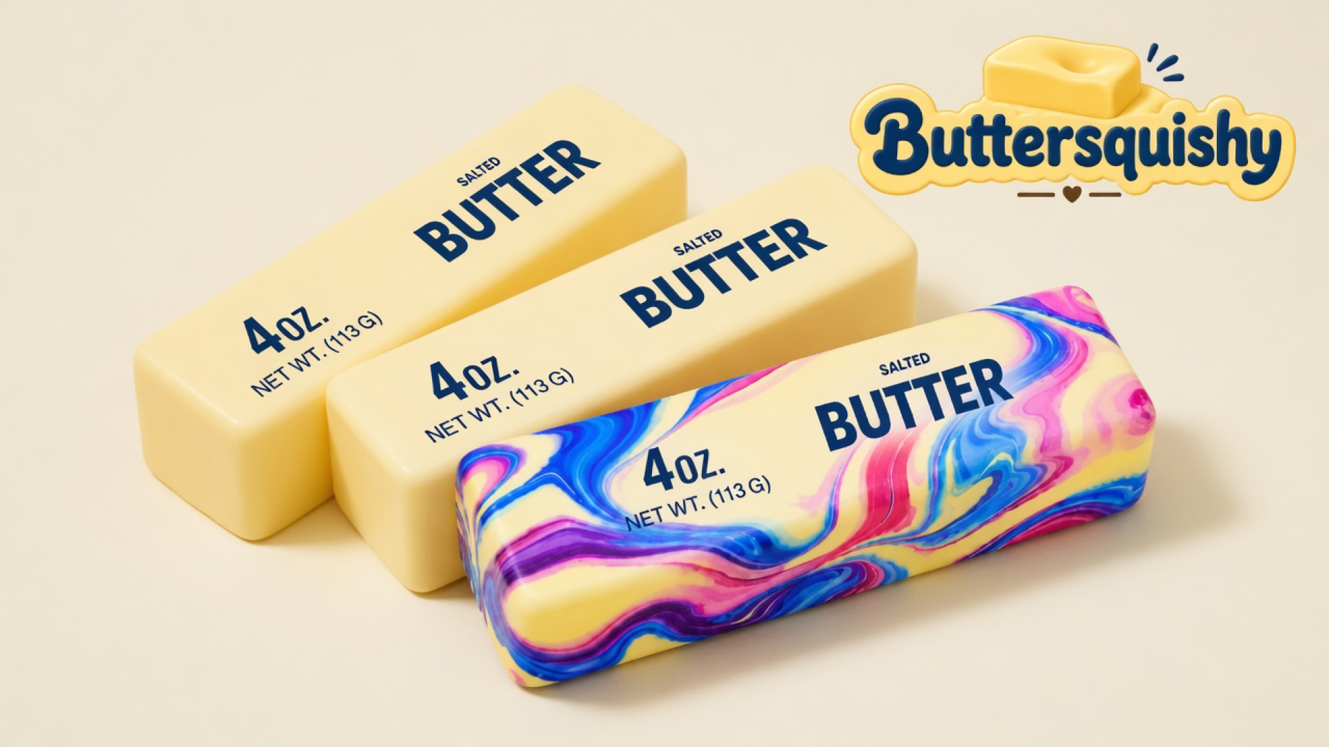 Three Swirl Mix Butter sticks — two pale yellow loaves and one blue-pink-purple marble swirl — on a light-yellow cream studio surface, Buttersquishy logo in the upper right
