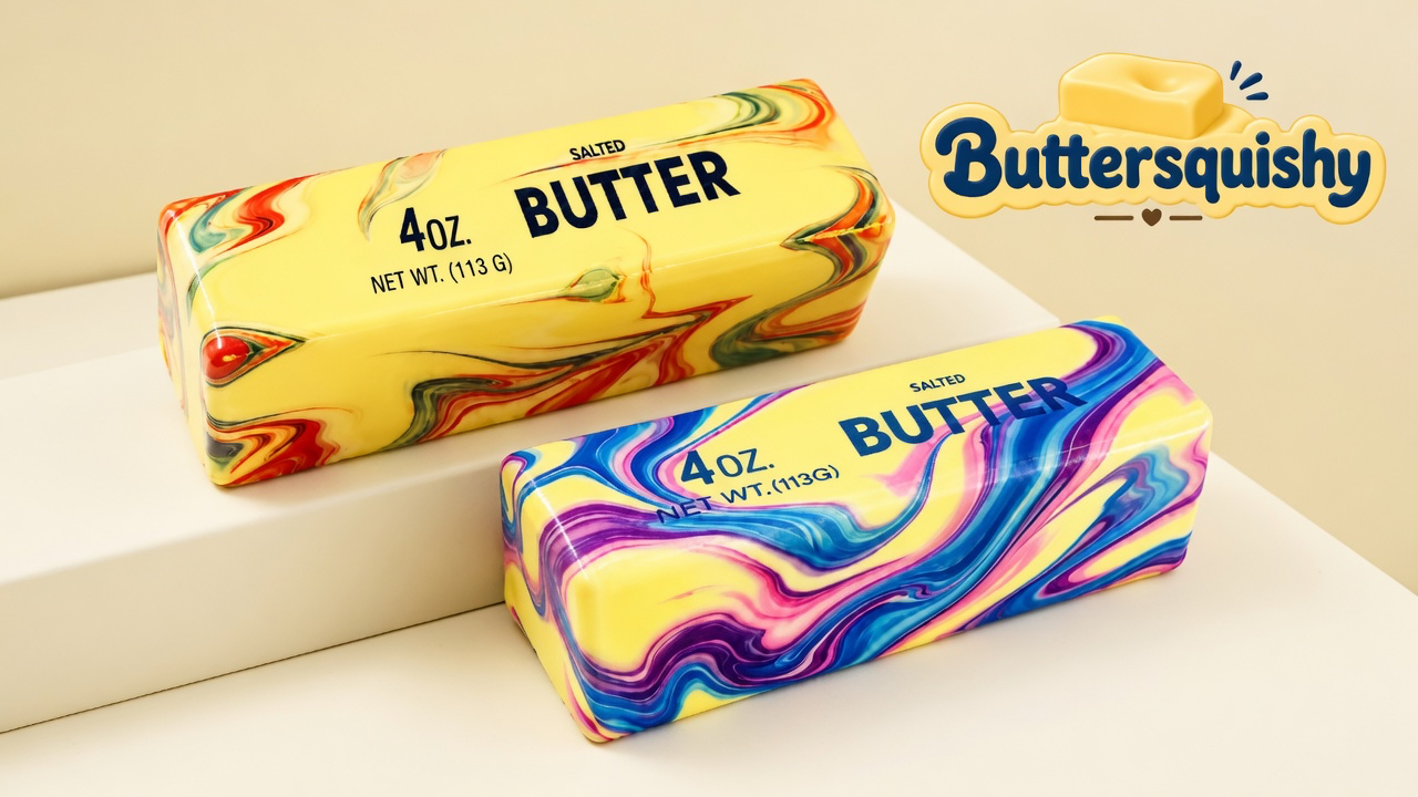 Two rectangular marble butter-loaf toys — one warm red-green swirl with navy SALTED BUTTER type, one cool blue-purple swirl with blue type — on a light-yellow cream studio, Buttersquishy logo in the upper right