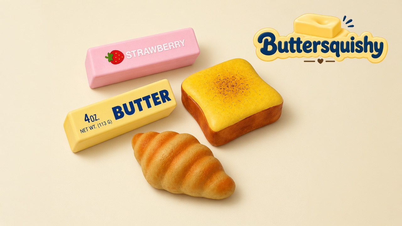Four bakery-look Bread Toast Loaf toys — a pink STRAWBERRY stick, a yellow BUTTER stick, a square toast slice, and a croissant — on a light-yellow cream studio surface, Buttersquishy logo in the upper right
