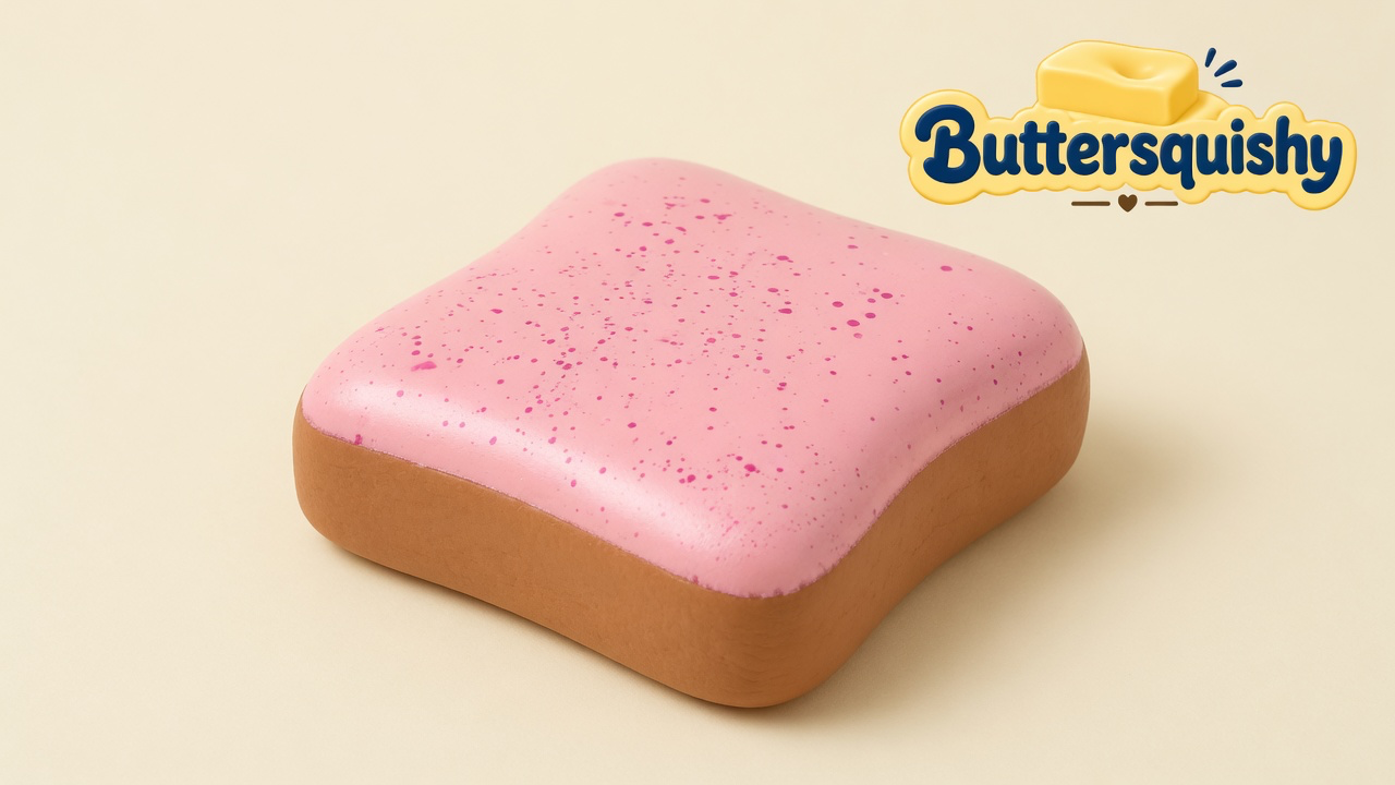 Pink-frosted toast-slice squishy with a brown crust on a light-yellow cream studio surface, Buttersquishy logo in the upper right