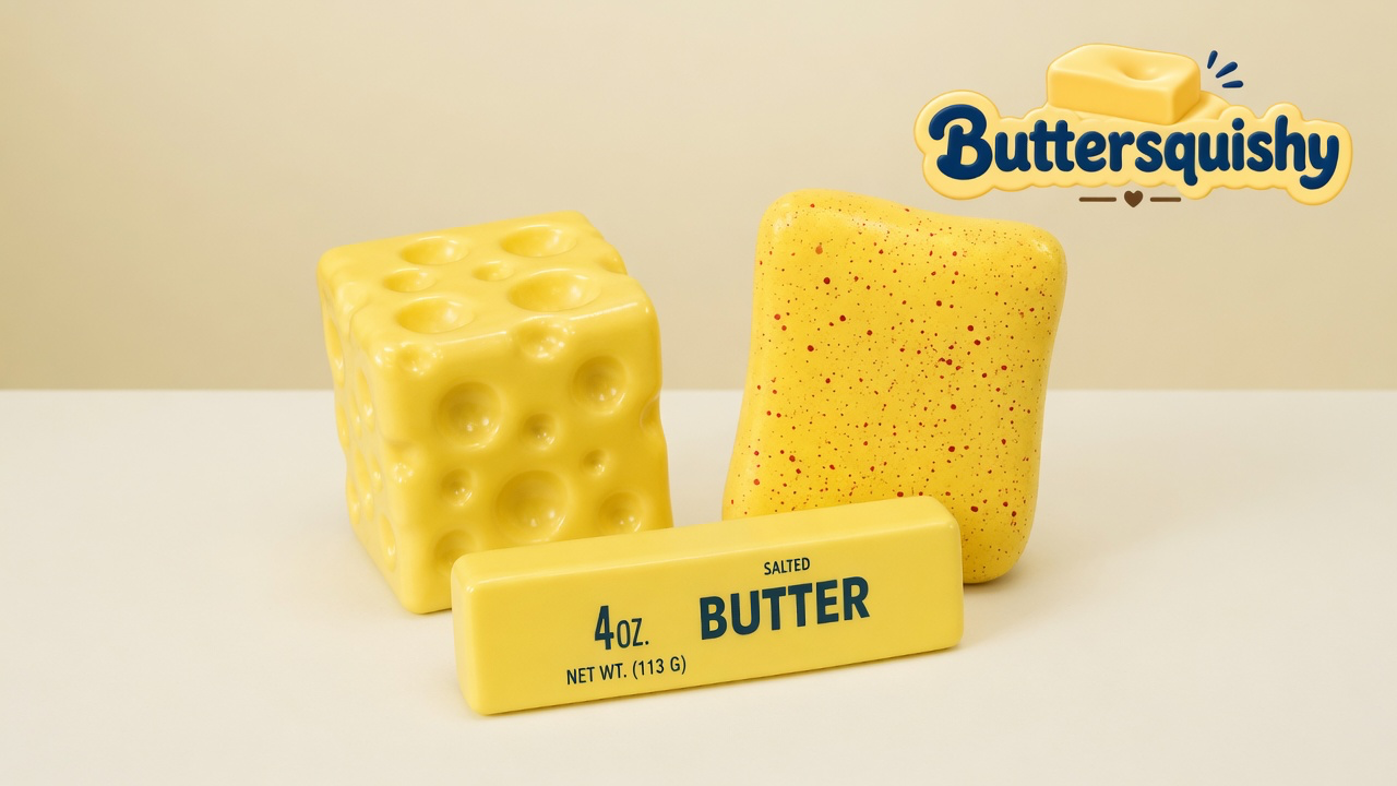 Yellow Swiss-hole cube, red-speckled slab, and SALTED BUTTER stick on a light-yellow cream studio table, Buttersquishy logo in the upper right