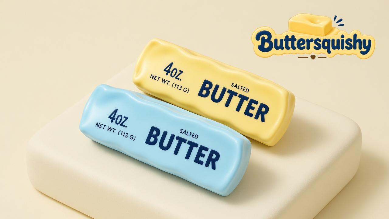 Two rectangular grocery-print butter sticks — one lemon yellow, one ice blue — each stamped 4OZ NET WT (113 G) SALTED BUTTER, on a light-yellow cream studio block, Buttersquishy logo in the upper right