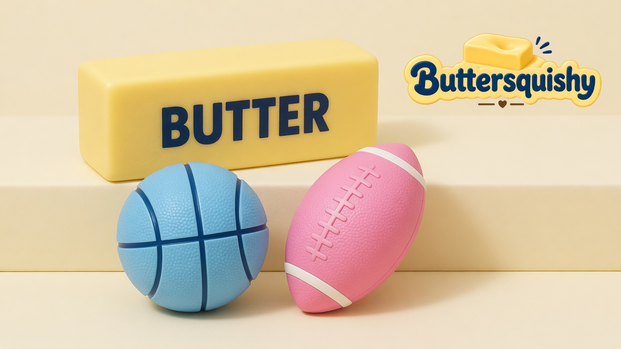 Yellow BUTTER loaf, light-blue basketball, and pink football on a light-yellow cream studio platform, Buttersquishy logo in the upper right