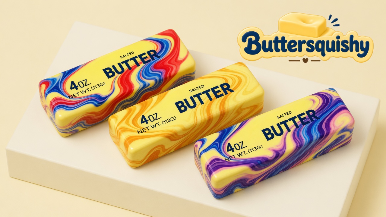 Three Oil-Paint Swirl Butter sticks with yellow SALTED BUTTER faces and red-blue, orange-gold, and purple marble sides on a light-yellow cream studio surface, Buttersquishy logo in the upper right