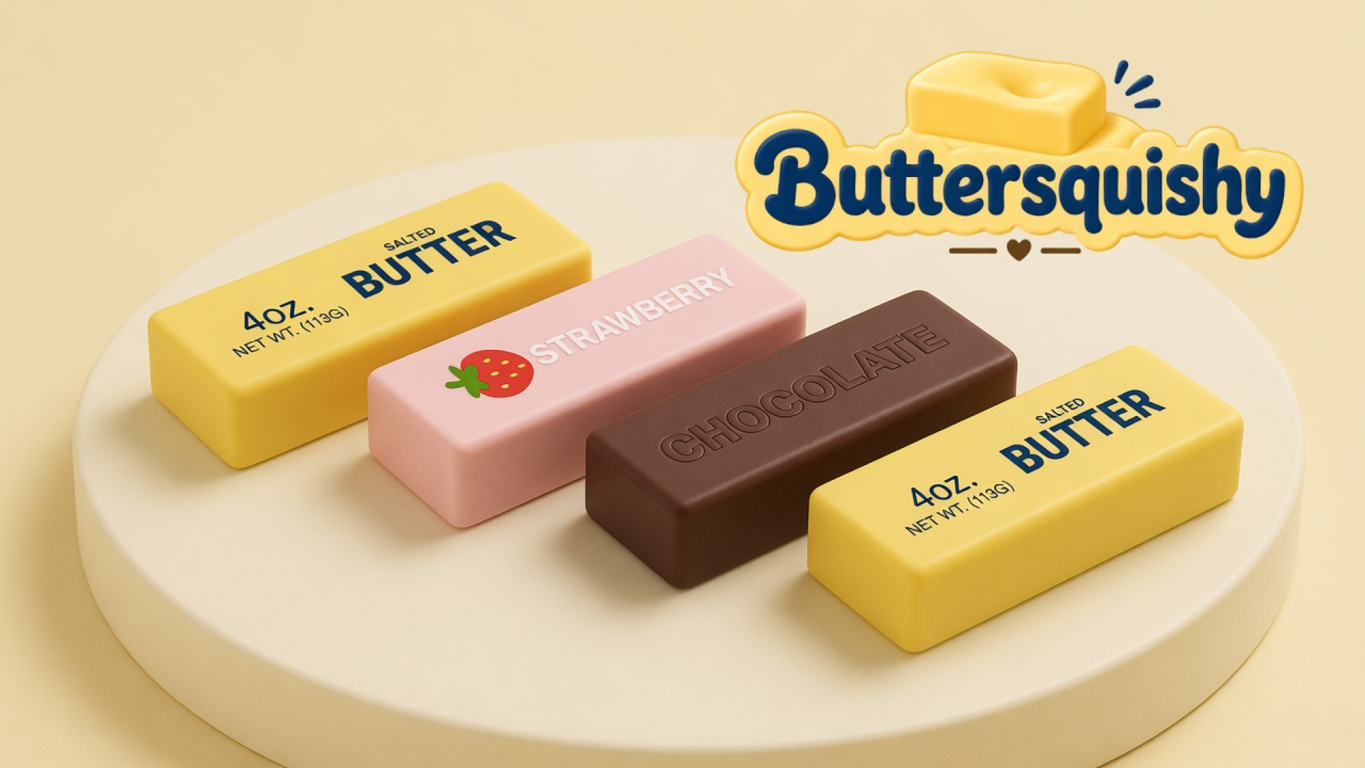 Four Strawberry Chocolate Butter sticks — two yellow salted-butter prints, one pink strawberry loaf, and one brown chocolate loaf — on a cream studio platform, Buttersquishy logo in the upper right