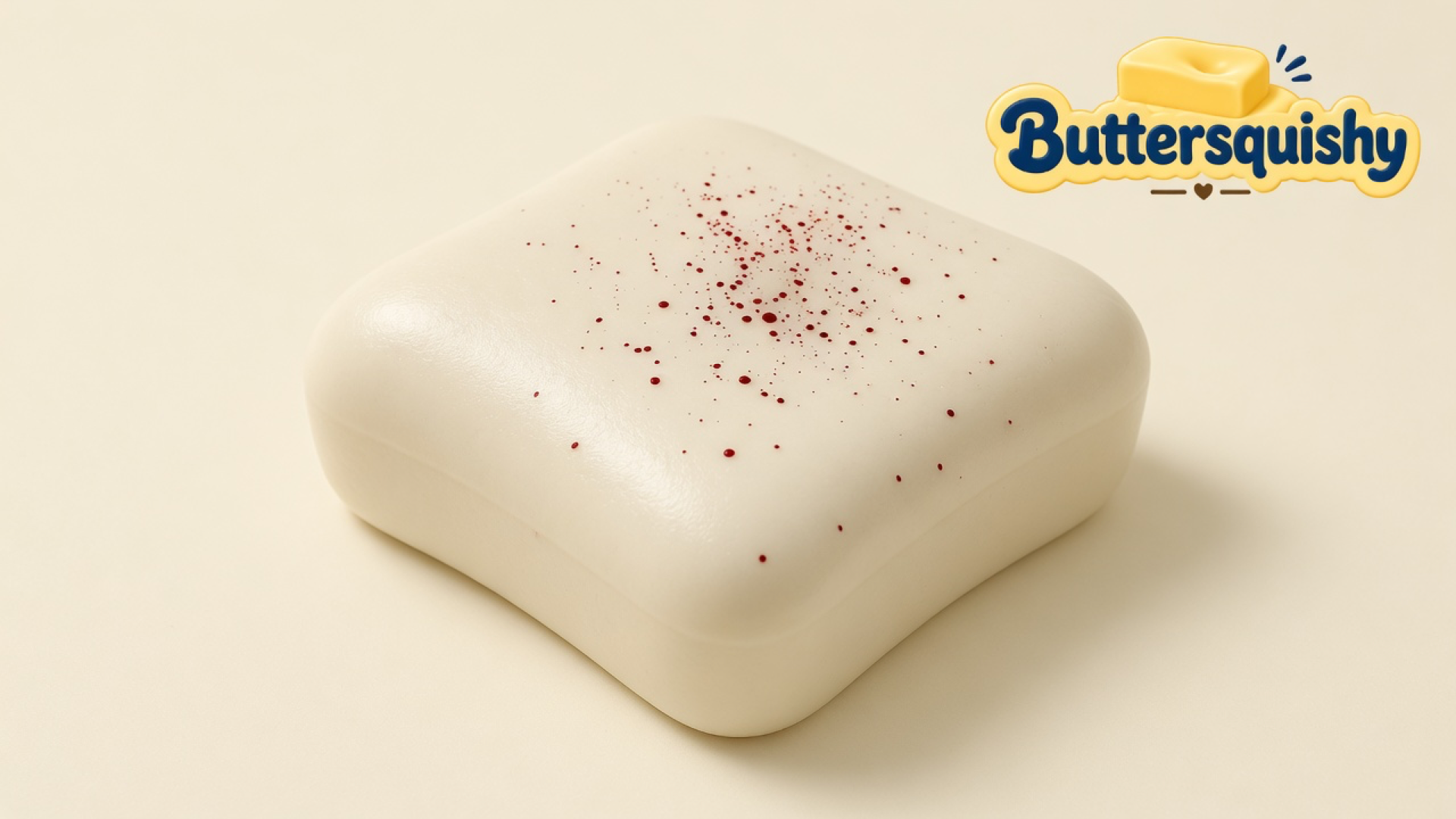 Cream rounded-square Bread Toast Loaf with a clustered spray of red speckles on a light-yellow cream studio surface, Buttersquishy logo in the upper right