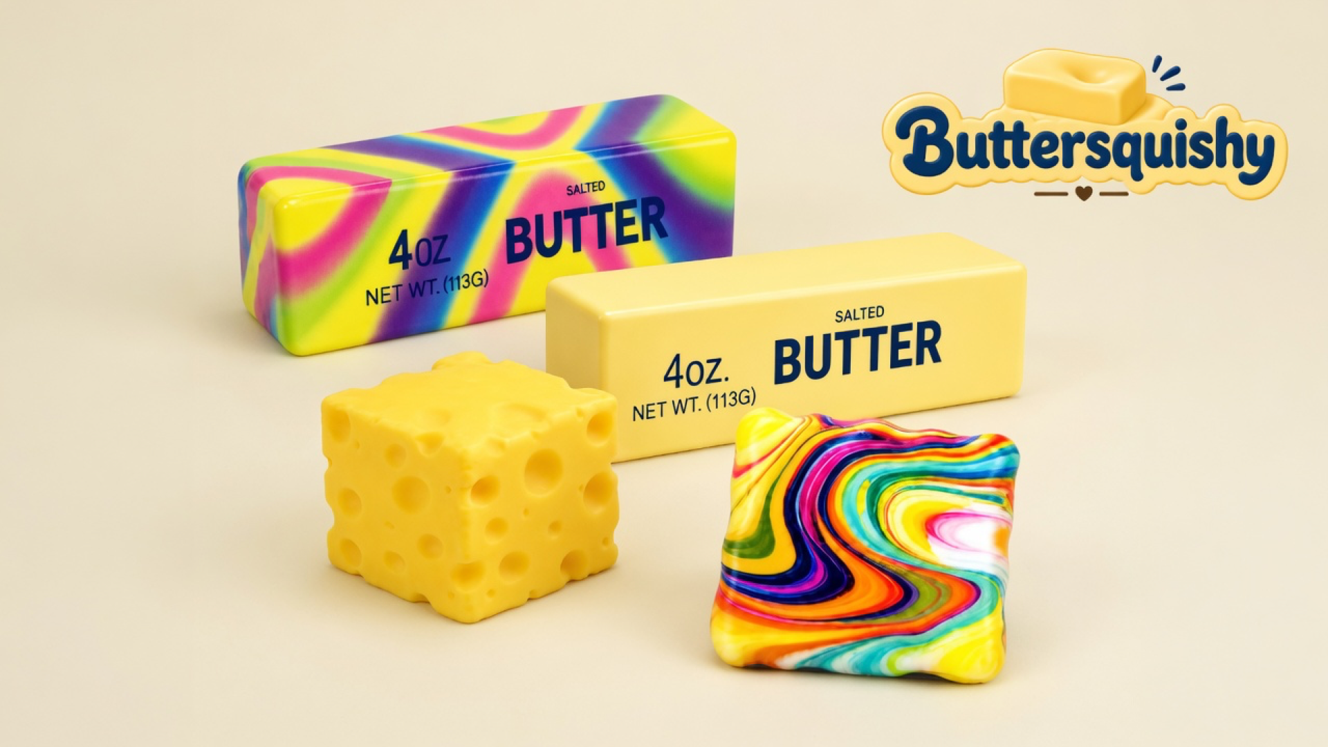 Four Cheese Cube Loaf squeeze toys — a rainbow swirl butter stick, a pale yellow butter stick, a hole-punched cheese cube, and a rainbow swirl square — on a light-yellow cream studio surface, Buttersquishy logo in the upper right