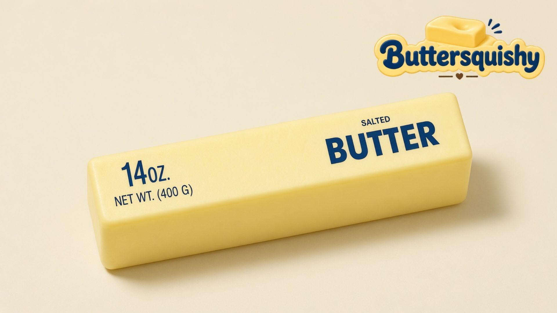 Long pale-yellow Jumbo Butter Loaf 14oz printed 14OZ. and SALTED BUTTER on a light-yellow cream studio surface, Buttersquishy logo in the upper right