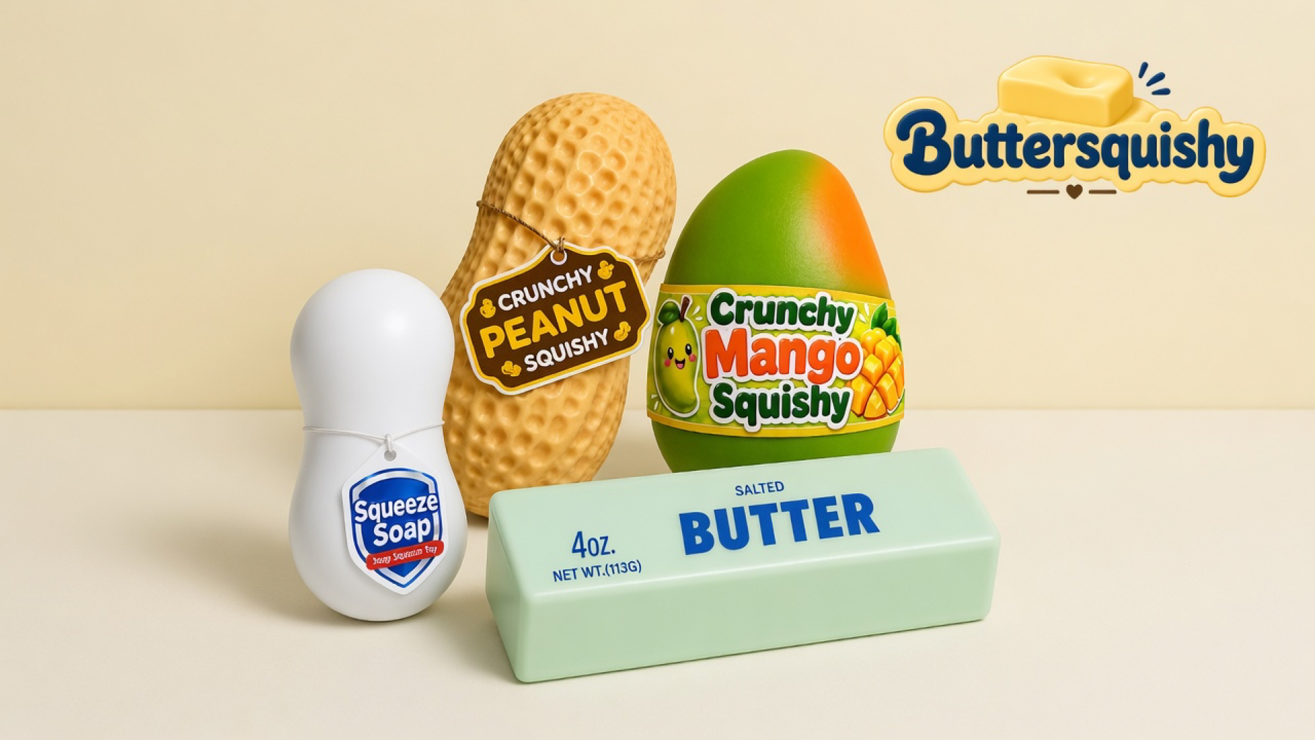 Mint butter loaf, ridged peanut, mango egg, and white squeeze-soap toy on a light-yellow cream studio surface, Buttersquishy logo in the upper right