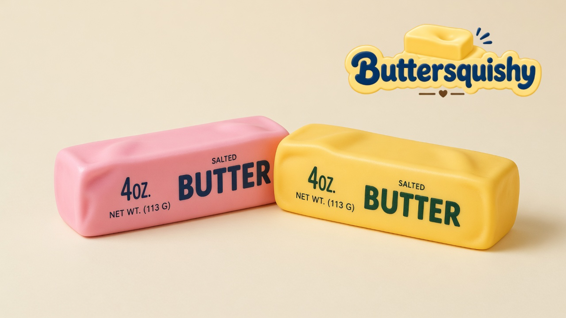 Candy-pink and yellow-orange Pink Orange Crunch Butter sticks printed SALTED BUTTER on a light-yellow cream studio surface, Buttersquishy logo in the upper right