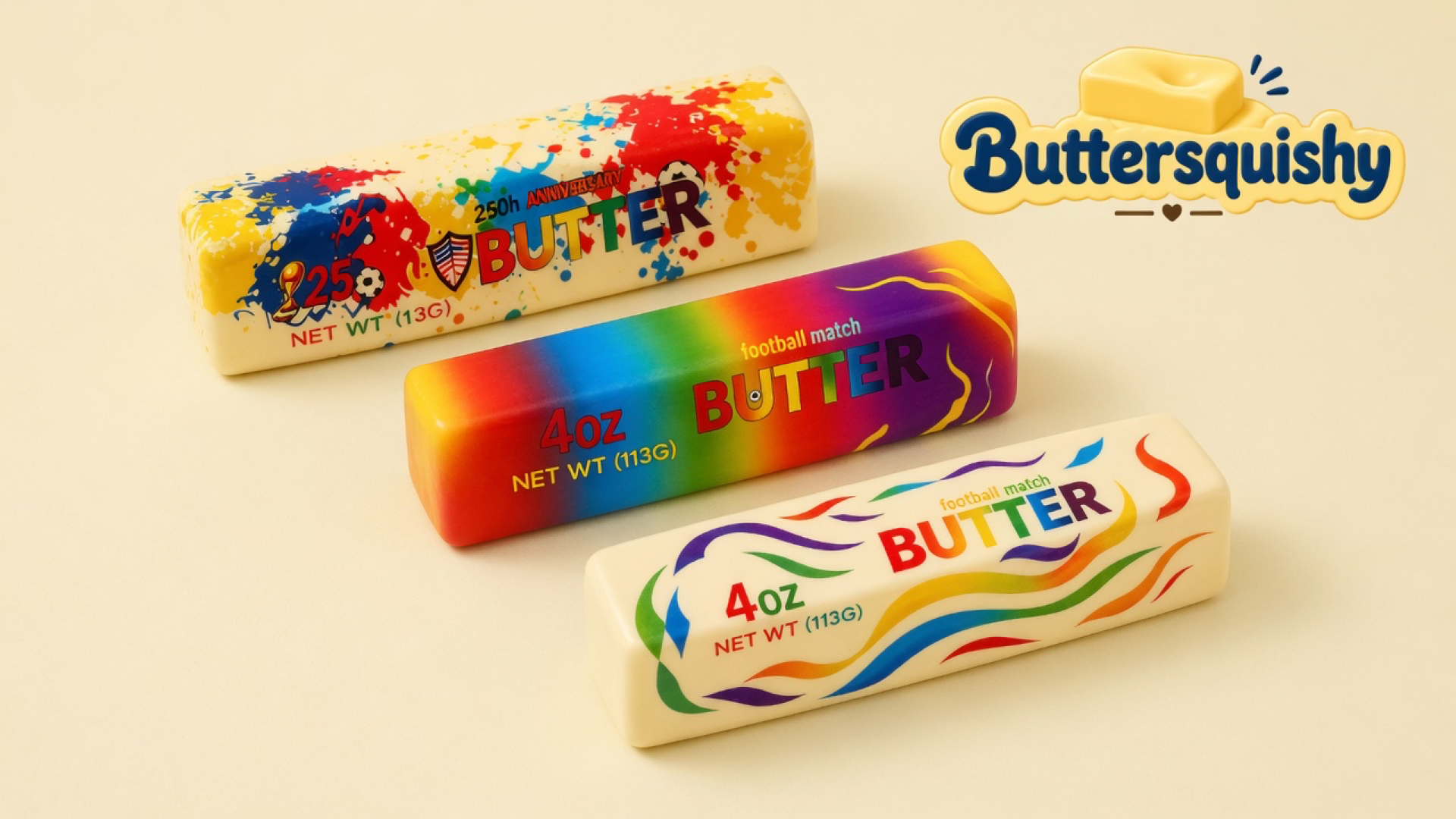 Three Splash Marble Butter sticks — paint-splash, rainbow block, and wave-ribbon loaves — on a light-yellow cream studio surface, Buttersquishy logo in the upper right