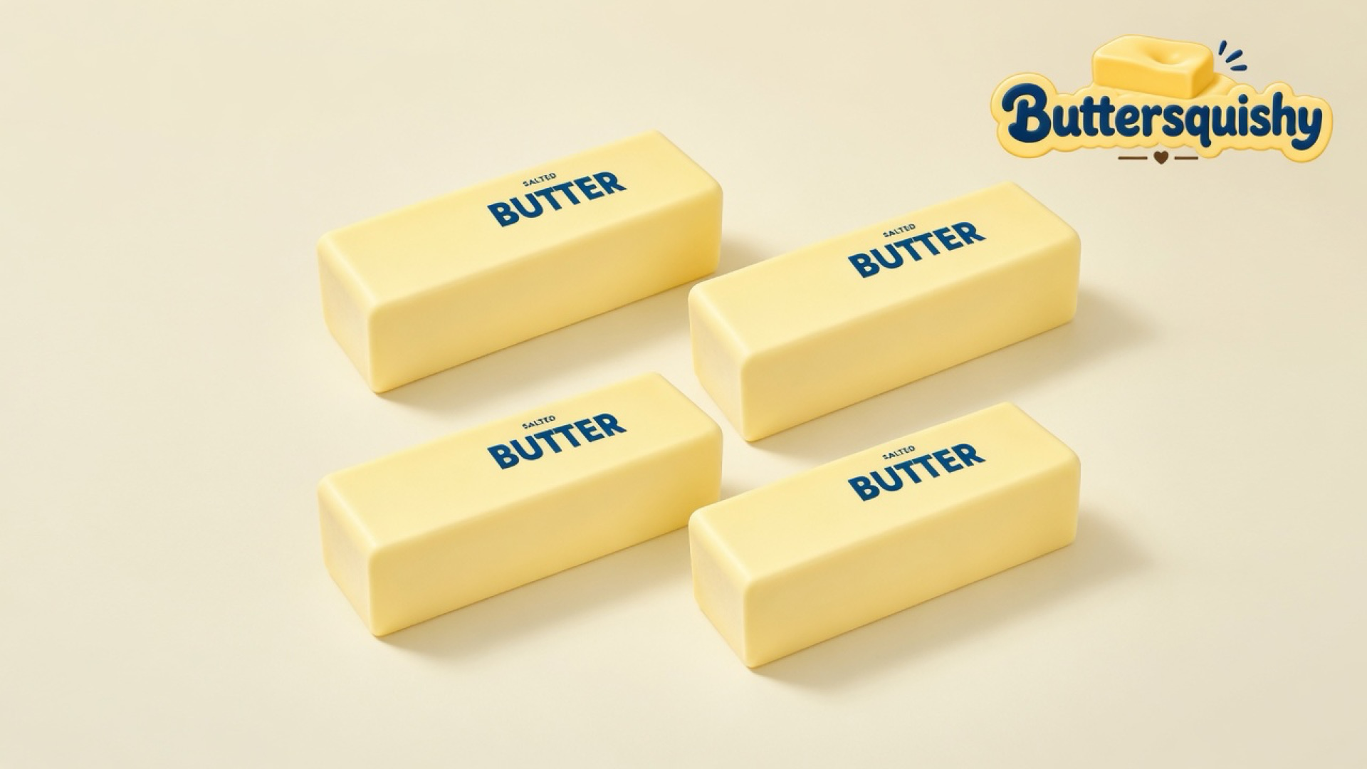 Four pale yellow Classic Butter Stick loaves printed SALTED BUTTER on a light-yellow cream studio table, Buttersquishy logo in the upper right