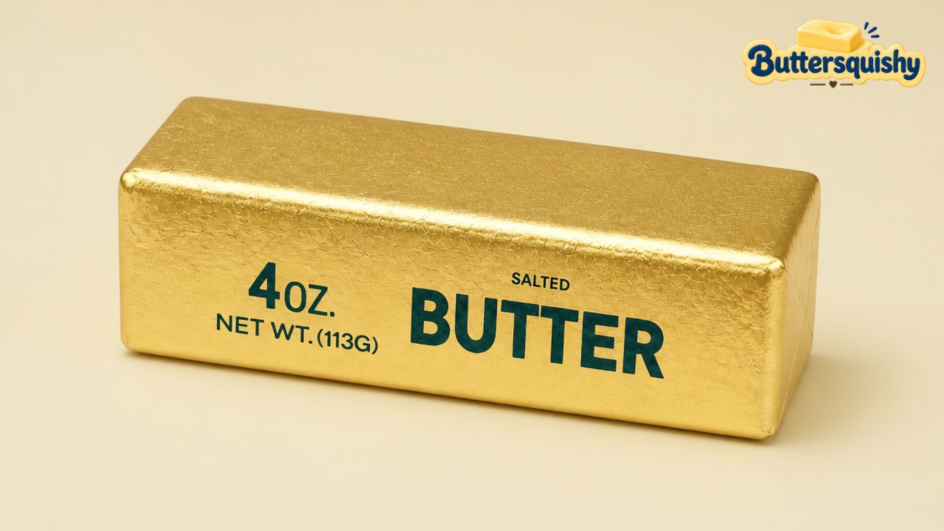 One gold-foil Golden Butter Stick printed 4OZ. NET WT.(113G) SALTED BUTTER on a light-yellow cream studio surface, Buttersquishy logo in the upper right