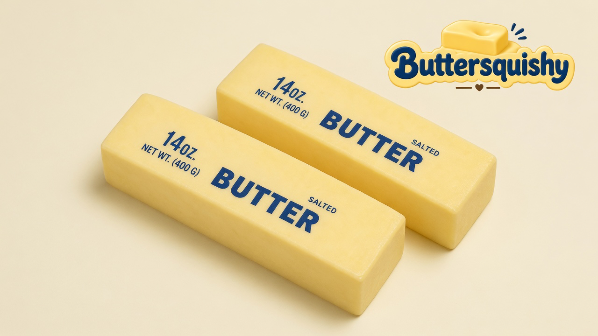 Two pale-yellow Jumbo Butter Loaf 14oz sticks printed 14OZ. NET WT. (400 G) and SALTED BUTTER on a light-yellow cream studio surface, Buttersquishy logo in the upper right
