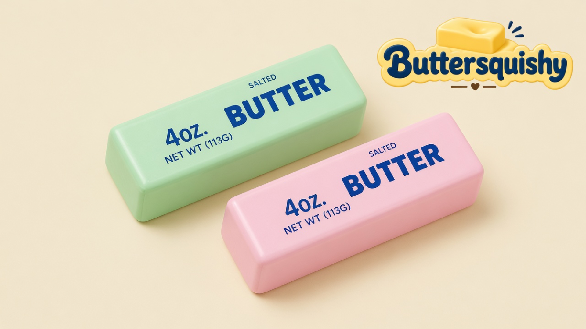 Pale mint-green and candy-pink Mint Berry Crunch Butter sticks printed 4OZ SALTED BUTTER on a light-yellow cream studio surface, Buttersquishy logo in the upper right