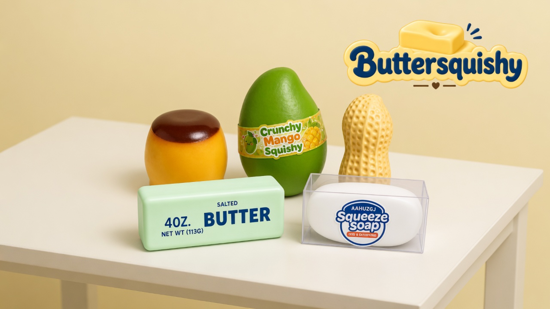 Five Mixed Butter Pack toys — caramel-top custard cup, green mango, ridged peanut, mint salted-butter stick, and boxed squeeze soap — on a light-yellow cream studio table, Buttersquishy logo in the upper right