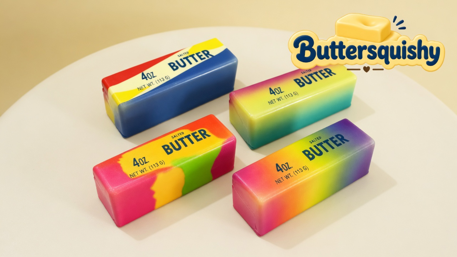 Four swirl-print butter sticks — red-blue diagonal, rainbow fade, pink-lime cloud, and sunset gradient — on a light-yellow cream studio table, Buttersquishy logo in the upper right