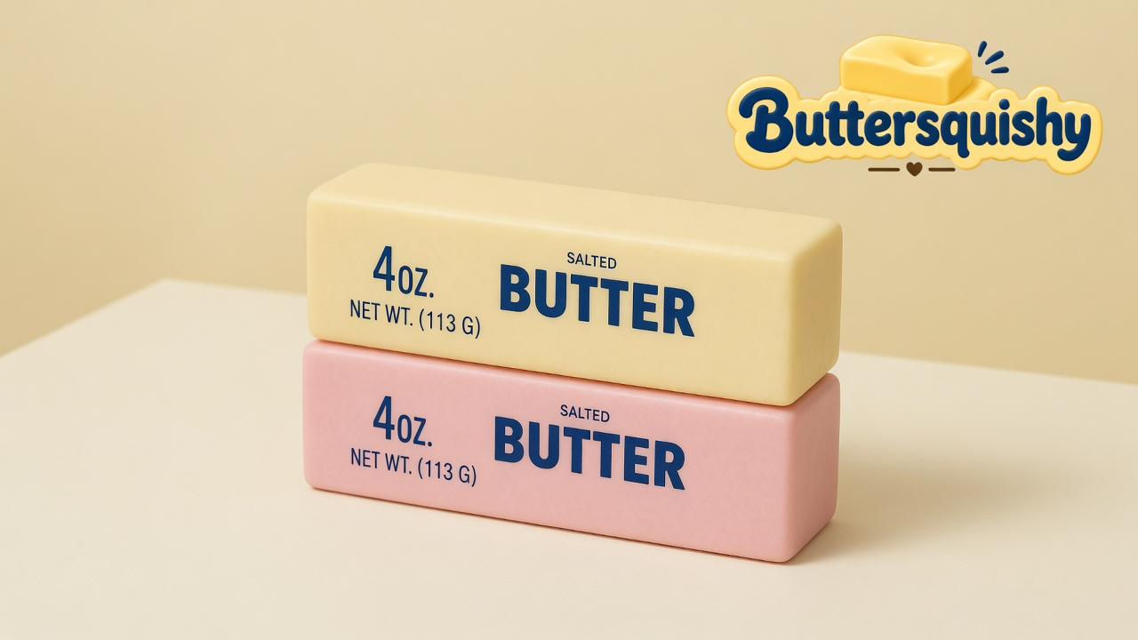A cream-yellow butter loaf stacked on a pink butter loaf, both printed navy SALTED BUTTER and 4 OZ., on a light-yellow cream studio table with the Buttersquishy logo in the upper right