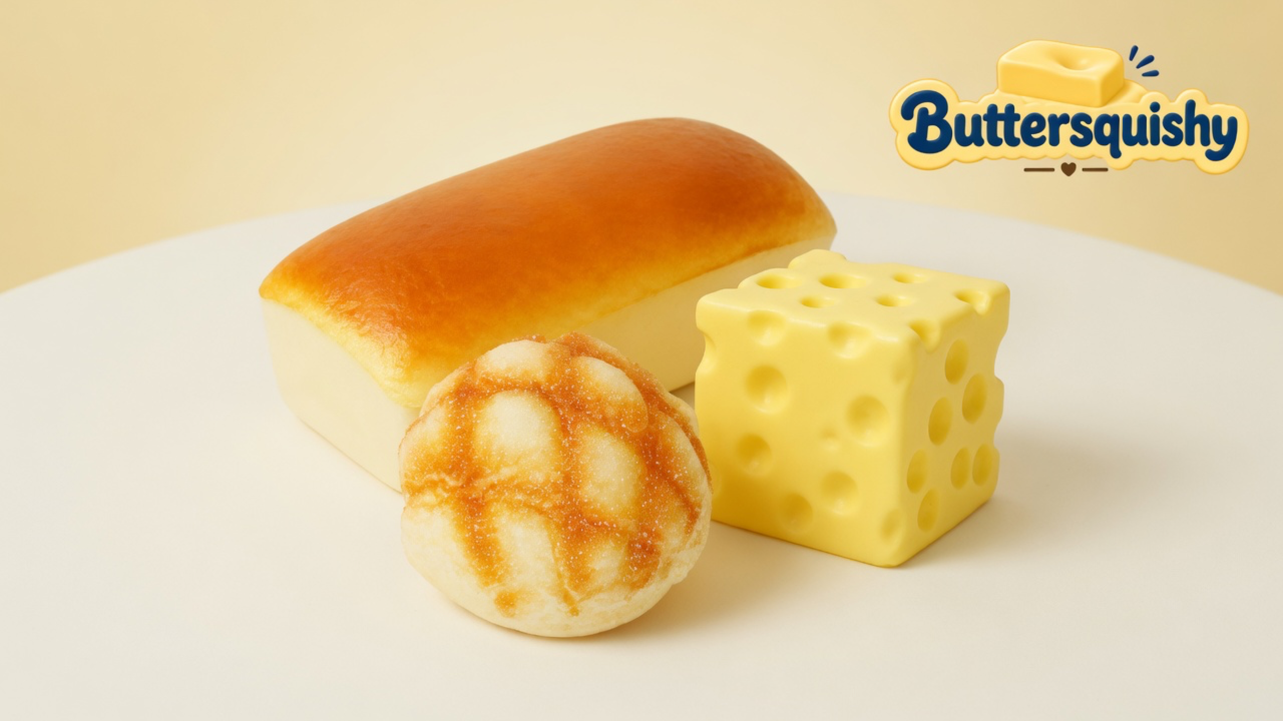 Golden loaf, toasted bun, and yellow Swiss-hole cube on a light-yellow cream studio table, Buttersquishy logo in the upper right