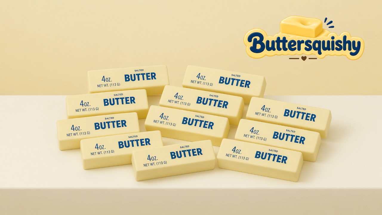 Ten pale-yellow Classic Butter Stick 4oz loaves printed with navy SALTED BUTTER and 4OZ type on a light-yellow cream studio surface, Buttersquishy logo in the upper right