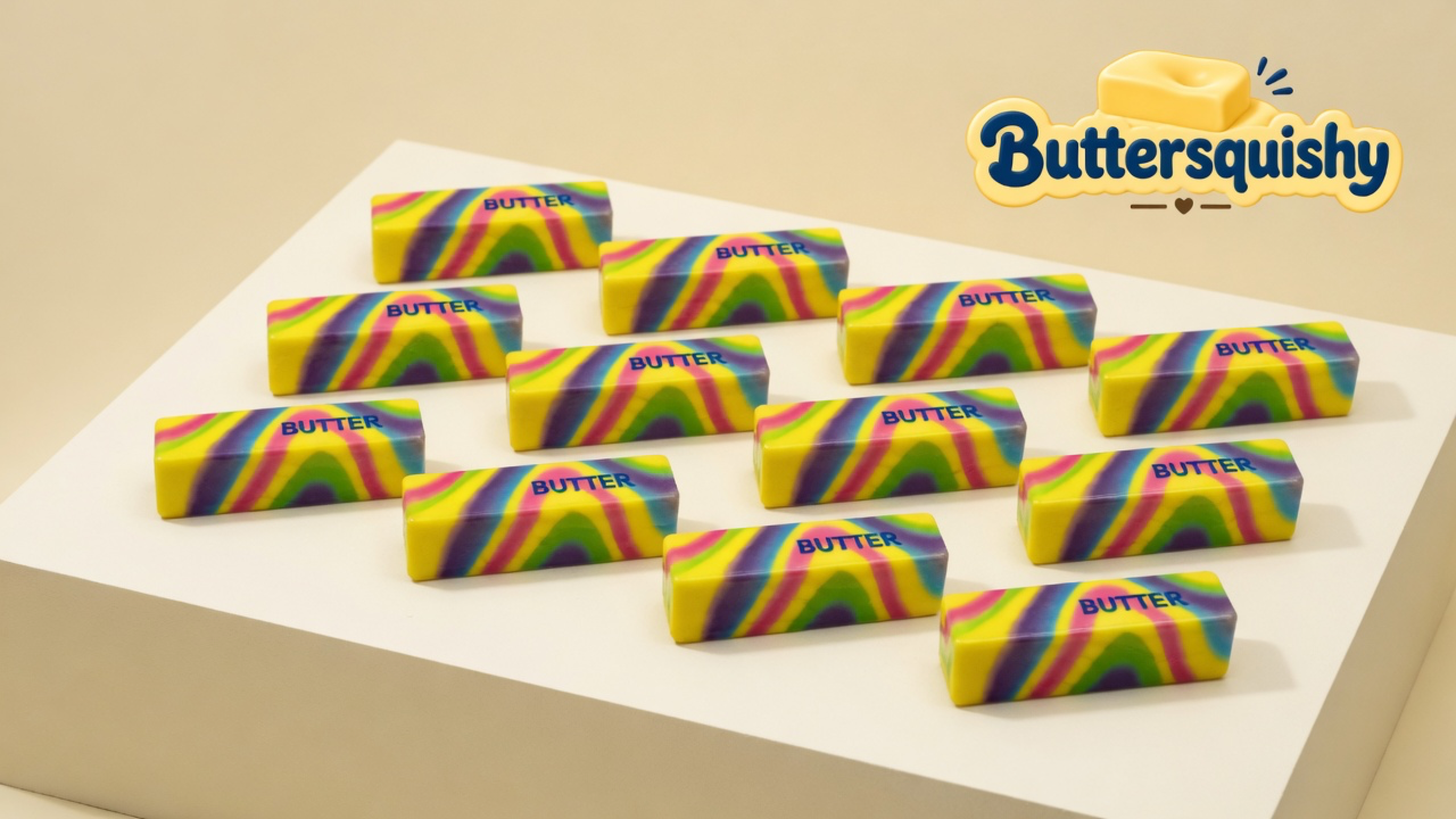 Twelve Neon Swirl Butter sticks with blended yellow-magenta-purple-lime swirls and navy BUTTER print on a light-yellow cream studio platform, Buttersquishy logo in the upper right