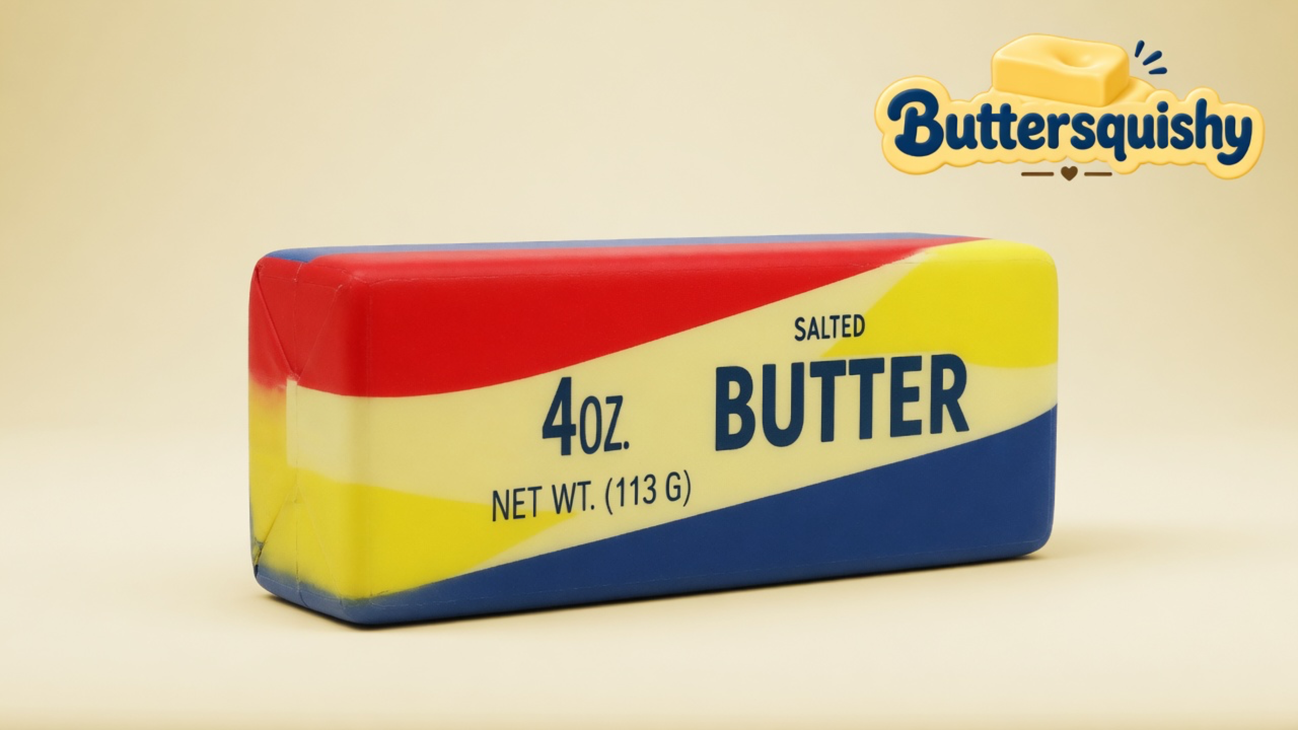 One Rainbow Stripe Butter stick with red, yellow, and blue bands and navy SALTED BUTTER print on a light-yellow cream studio surface, Buttersquishy logo in the upper right