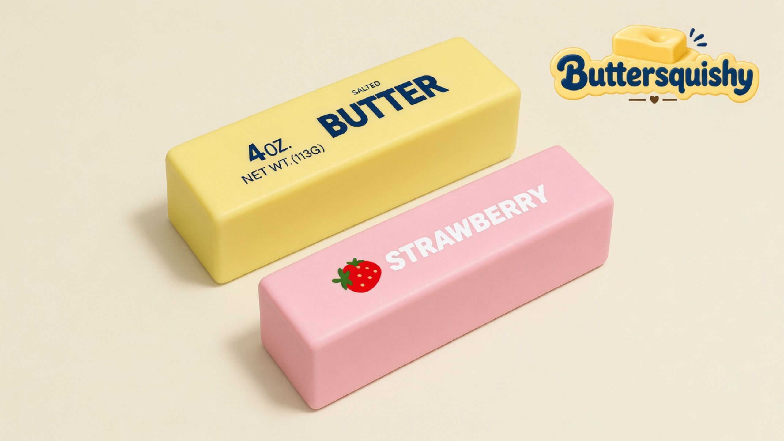 Pale yellow SALTED BUTTER loaf and pink STRAWBERRY loaf on a light-yellow cream studio surface, Buttersquishy logo in the upper right