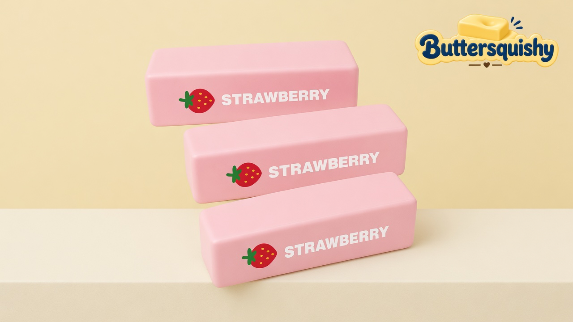 Three matching pink strawberry butter sticks printed STRAWBERRY on a light-yellow cream studio platform, Buttersquishy logo in the upper right