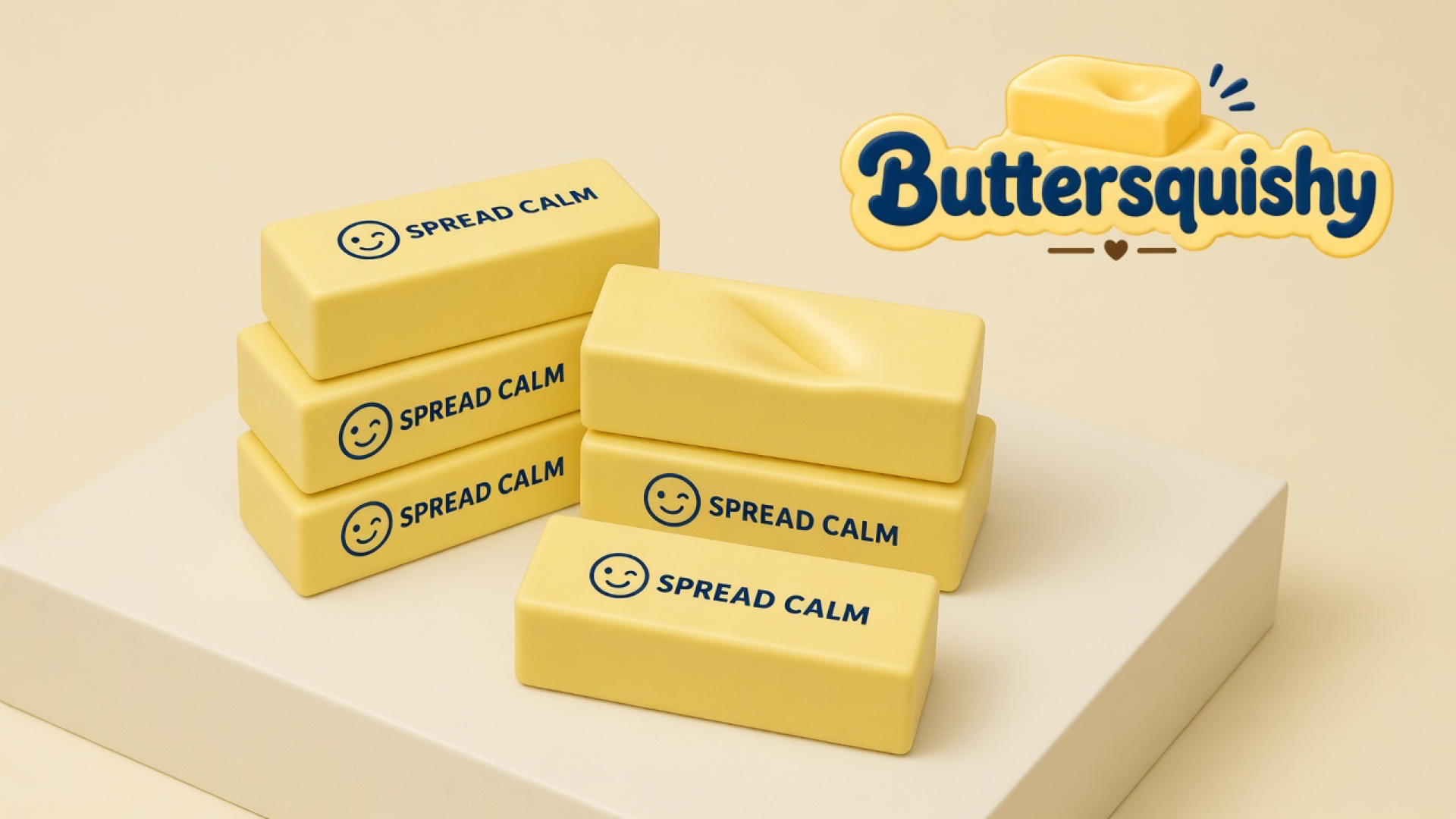 Six yellow Smile Cube Butter sticks on a cream studio platform with the Buttersquishy logo in the upper right