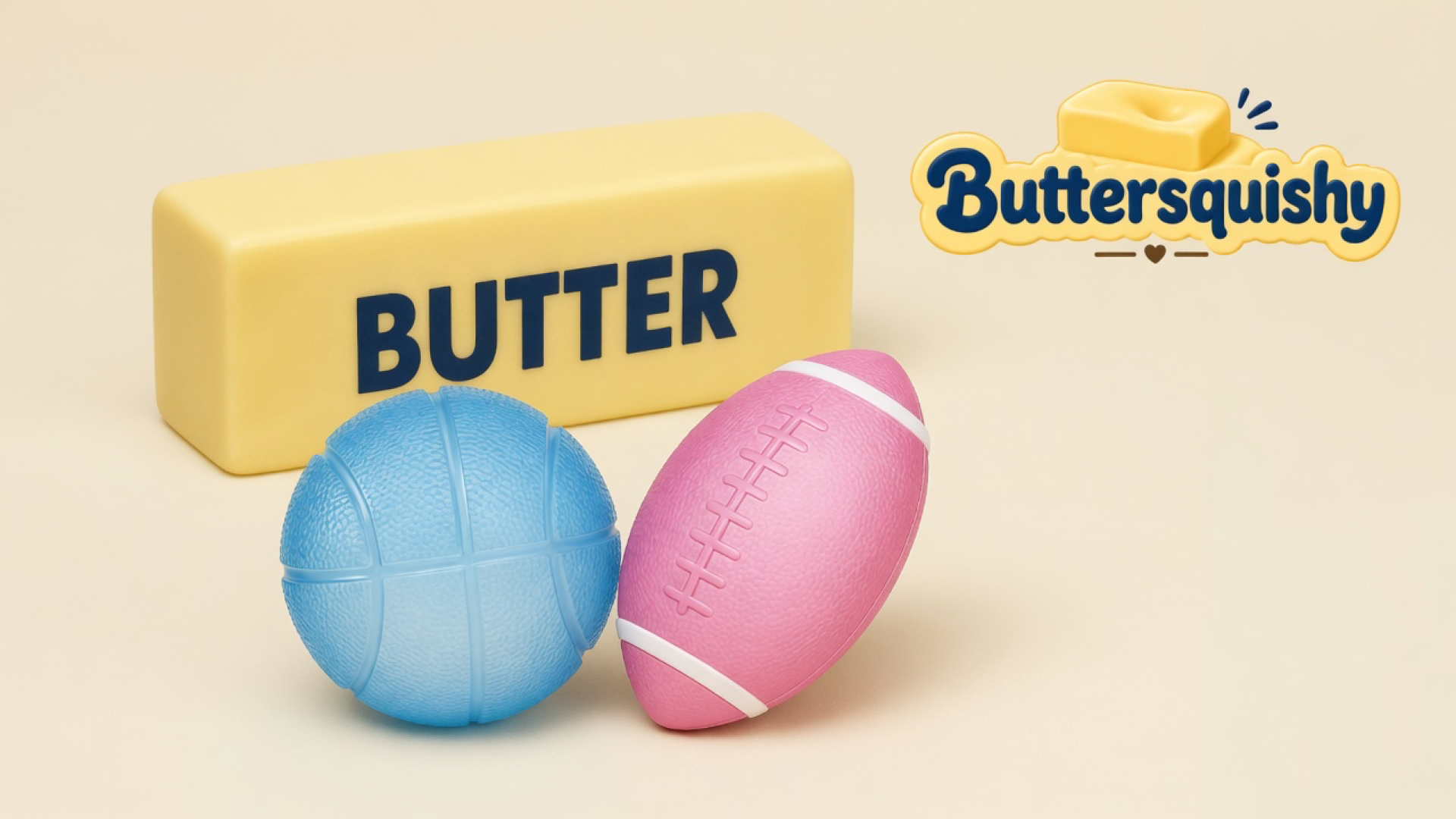 Yellow butter loaf with navy BUTTER print, light-blue basketball, and pink football on cream studio, Buttersquishy logo at upper right