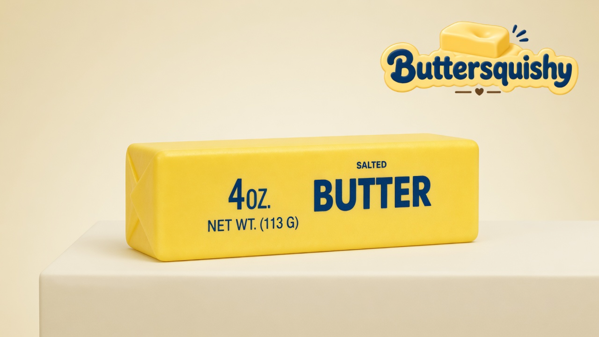 Yellow Classic Butter Stick 4oz with navy SALTED BUTTER type on a cream studio, Buttersquishy logo at upper right