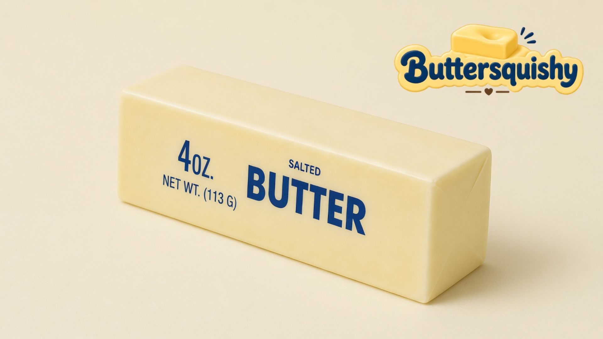 Pale cream Classic Gift Butter stick with navy 4OZ and SALTED BUTTER type on a light-yellow cream studio table, Buttersquishy logo in the upper right