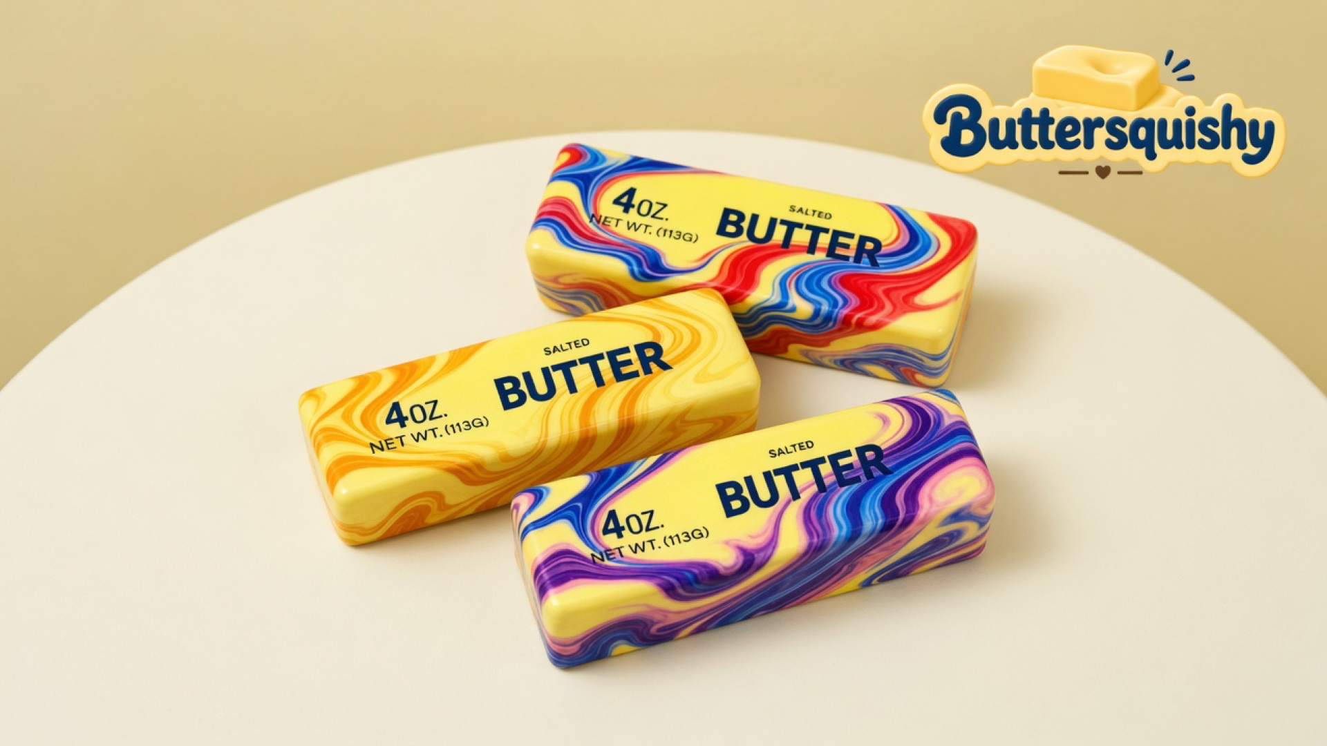 Three Oil-Paint Swirl Butter sticks with yellow SALTED BUTTER faces and gold-orange, red-blue, and purple-magenta marble rims on a cream studio table, Buttersquishy logo in the upper right