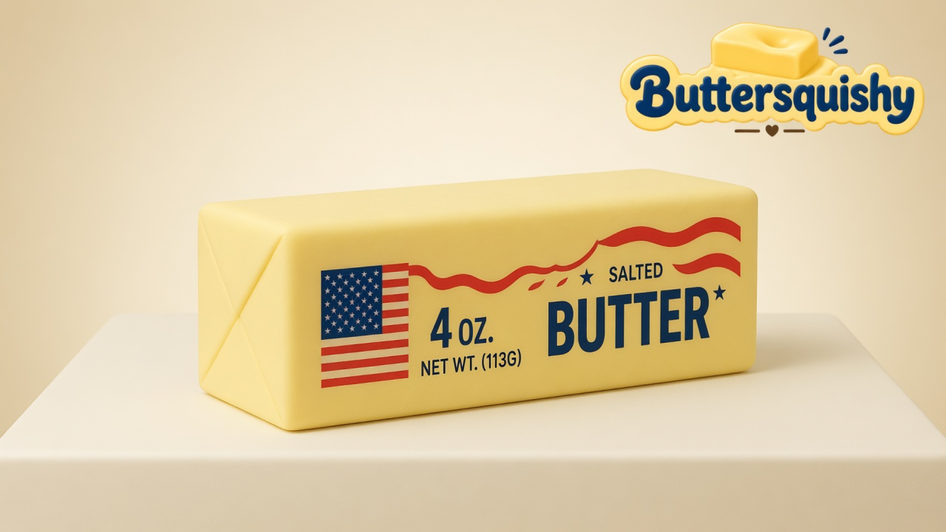 Pale yellow Stars and Stripes butter stick with a printed U.S. flag, navy 4 OZ and SALTED BUTTER type, on a light-yellow cream studio block, Buttersquishy logo in the upper right