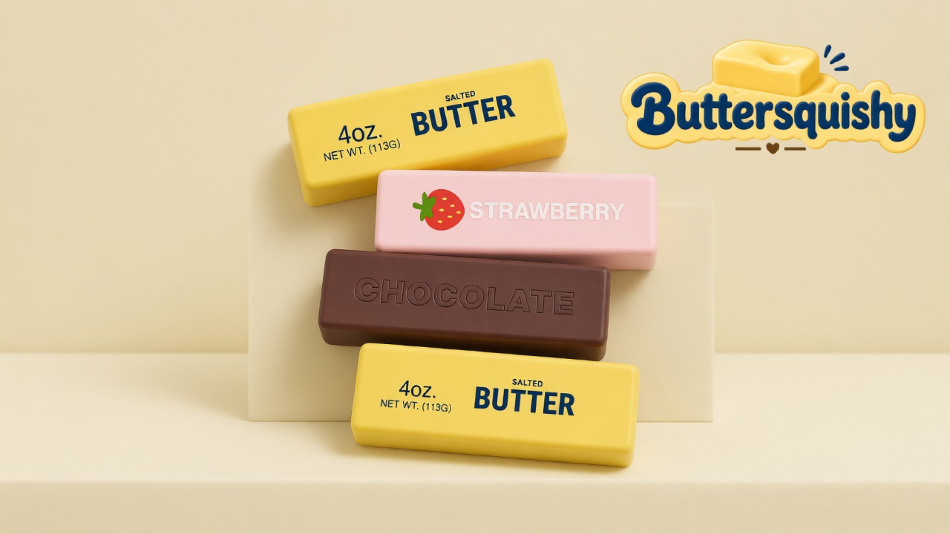Four Strawberry Chocolate Butter sticks — two yellow salted-butter prints, one pink strawberry loaf, and one brown chocolate loaf — on a cream studio platform, Buttersquishy logo in the upper right