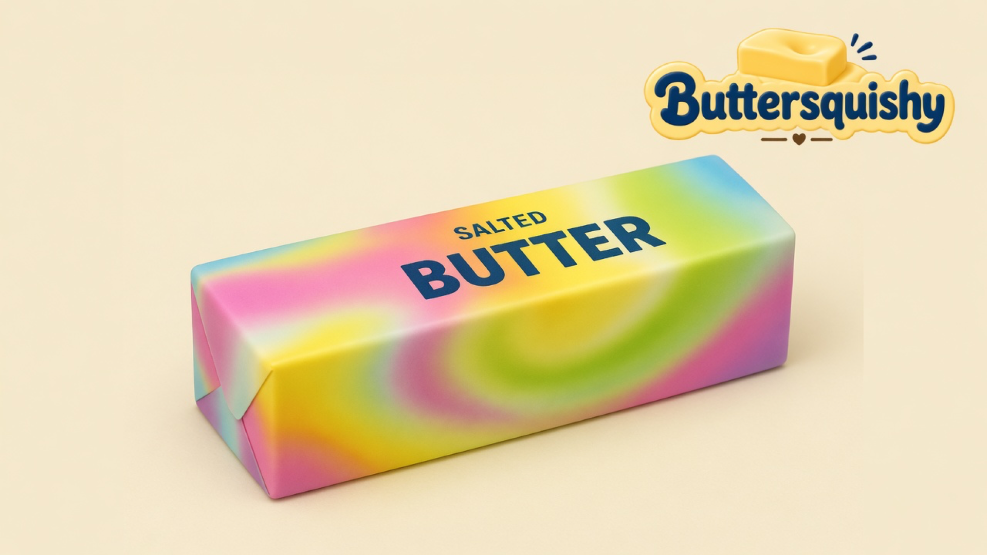 One pastel rainbow Swirl Mix Butter stick printed SALTED BUTTER on a light-yellow cream studio table, Buttersquishy logo in the upper right