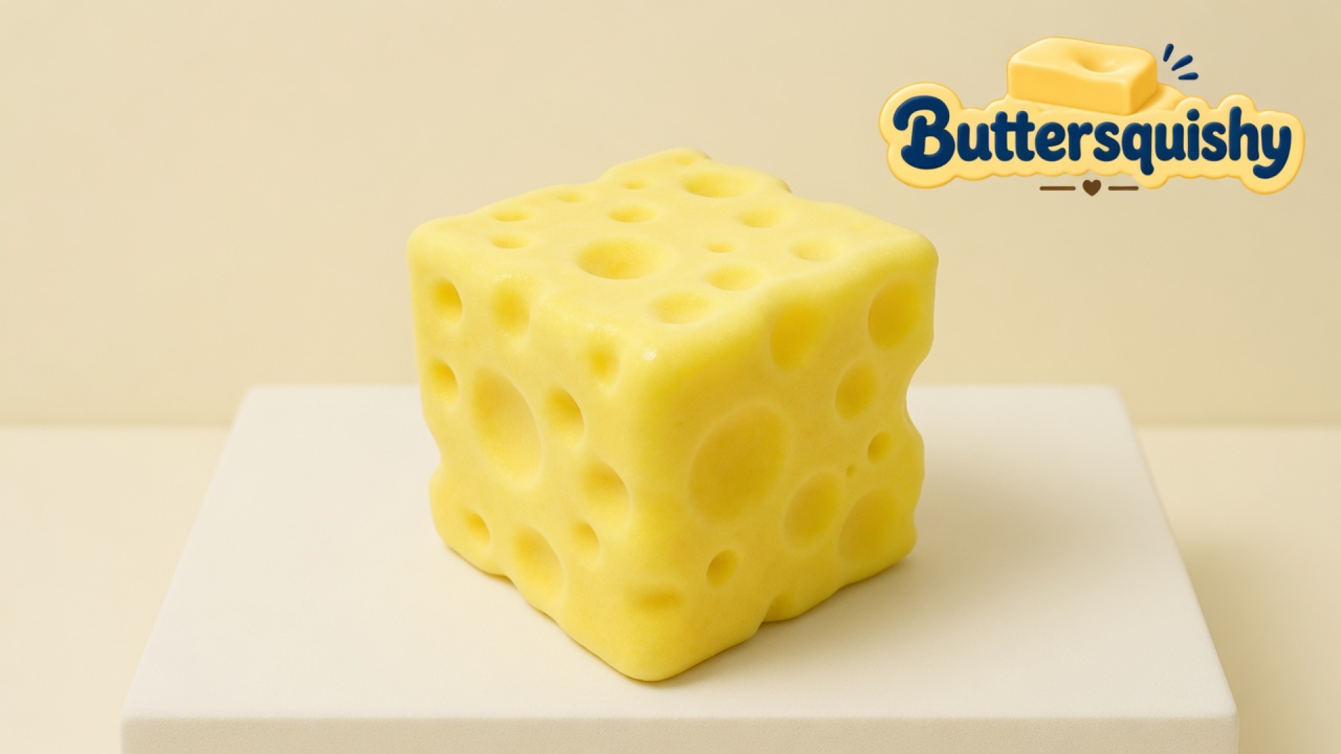 One lemon-yellow Cheese Cube Loaf with mixed Swiss holes on a cream studio block, Buttersquishy logo in the upper right