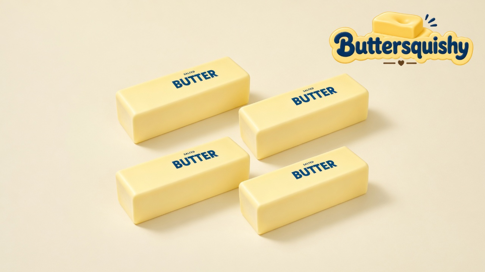 Four matching pale yellow rectangular SALTED BUTTER sticks on a light-yellow cream studio table, Buttersquishy logo in the upper right