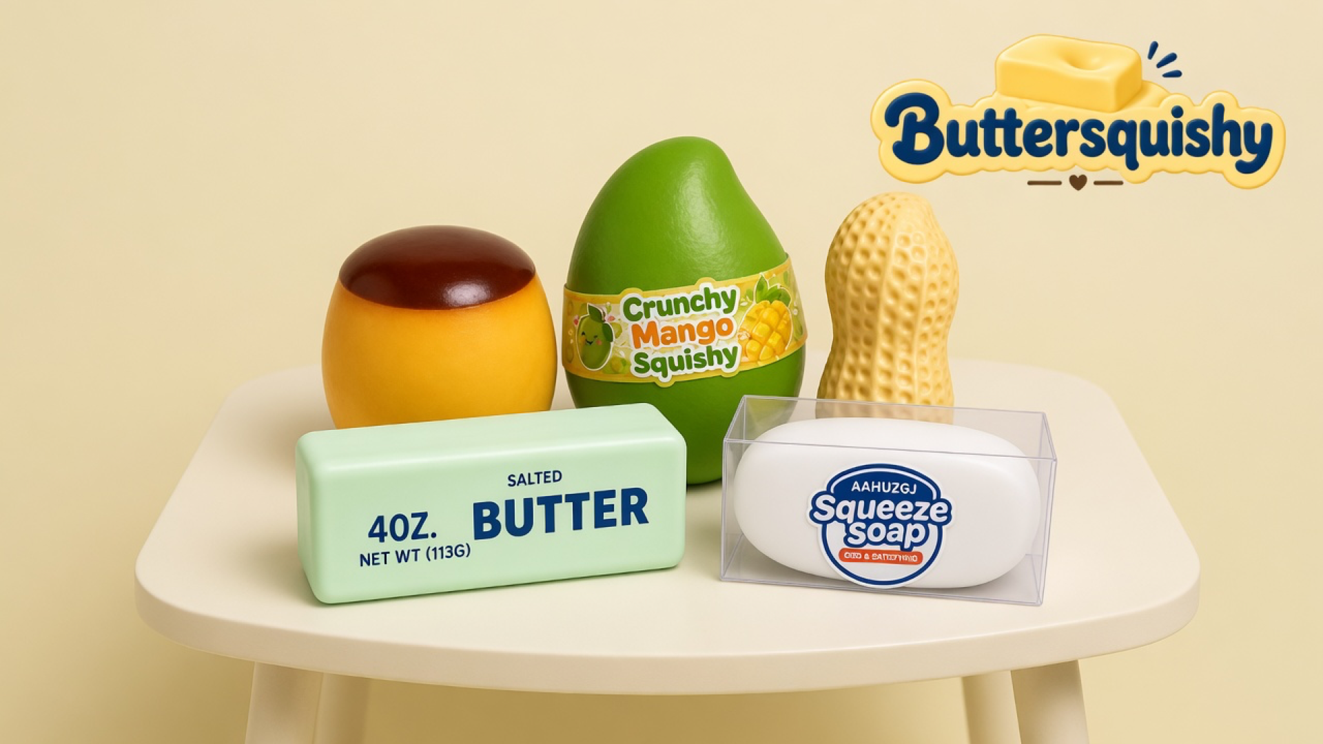 Five food-look squeeze toys — caramel-top custard cup, green mango, textured peanut, mint salted-butter stick, and boxed white squeeze soap — on a cream studio table, Buttersquishy logo at upper right