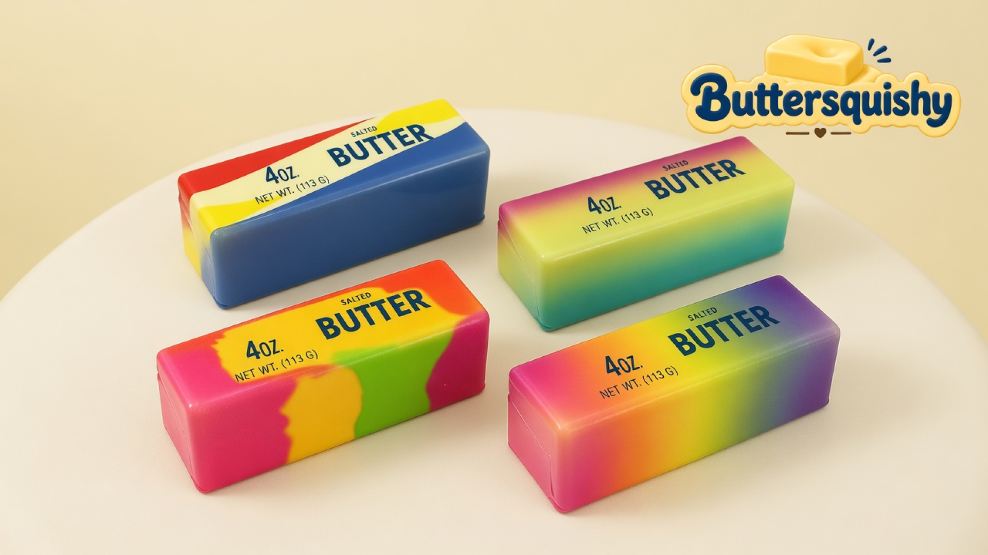 Four swirl-print butter sticks — red-cream-blue color-block, magenta-yellow-teal fade, pink-lime blotch, and pink-orange-purple fade — on a light-yellow cream studio table, Buttersquishy logo in the upper right