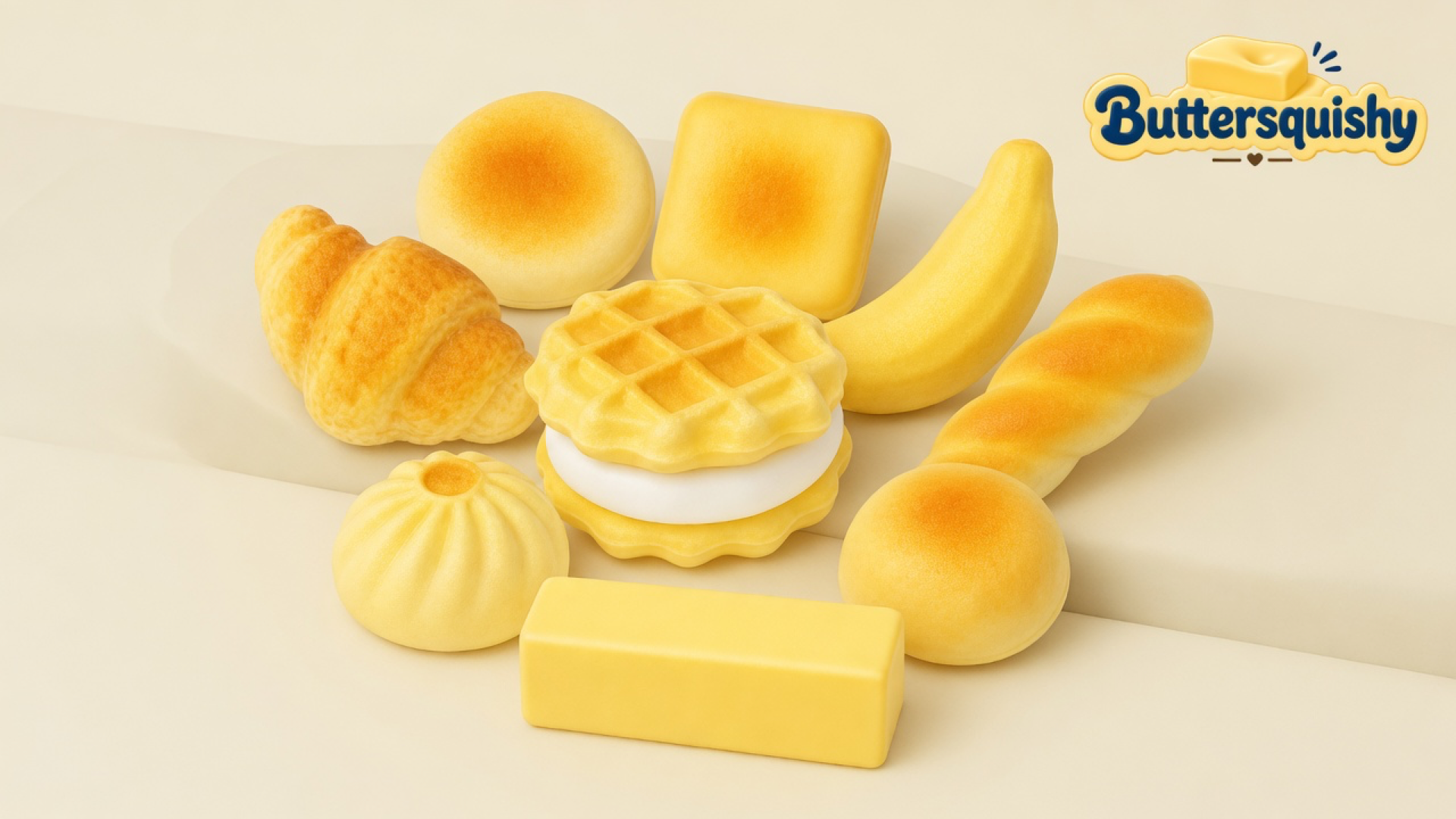 Nine bakery-shaped squishies — croissant, toasted buns, square toast, banana, twisted baguette, waffle sandwich, steamed bun, and a plain yellow butter stick — on a light-yellow cream studio platform, Buttersquishy logo in the upper right