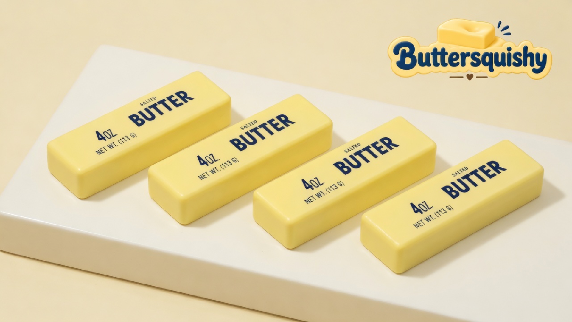 Four matching pale-yellow SALTED BUTTER sticks on a light-yellow cream studio platform, Buttersquishy logo in the upper right