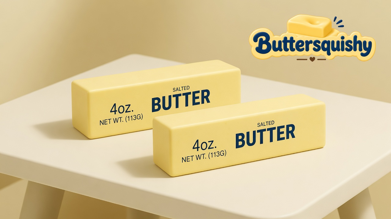 Two pale-yellow Classic Butter Stick 4oz bars with navy SALTED BUTTER and 4 OZ. type on a cream studio table, Buttersquishy logo in the upper right